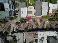 Top view steep hills and sharp curves one-way road Lombard Street, San Francisco